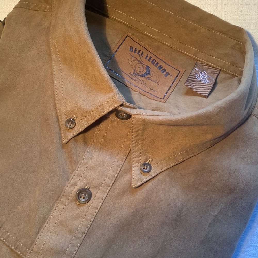 REEL LEGENDS Men's Brown Suede Like Long Sleeve button Down Shirt Jacket